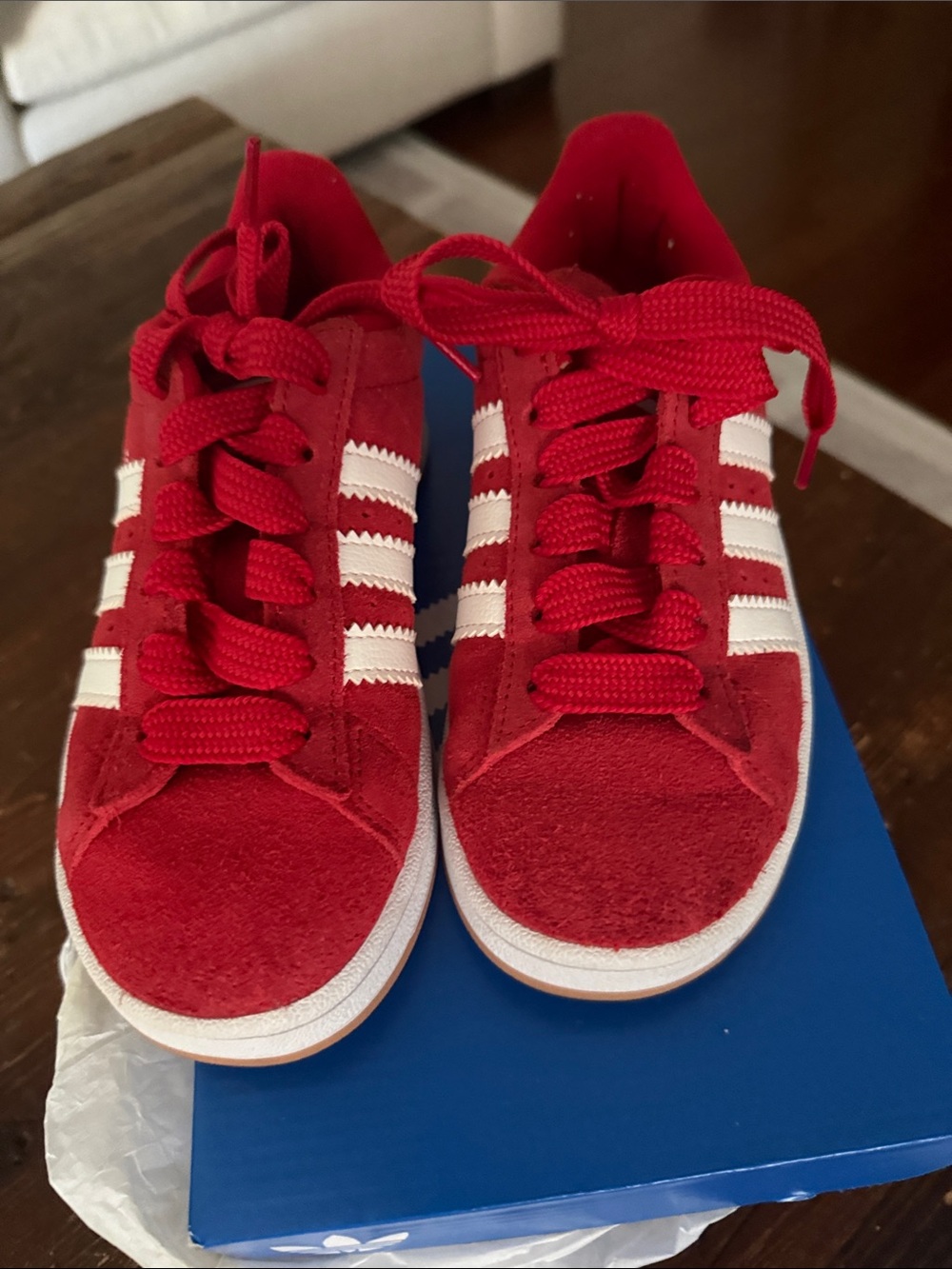 Boys adidas campus Red Suede Sneakers with White Stripes. Size 1.